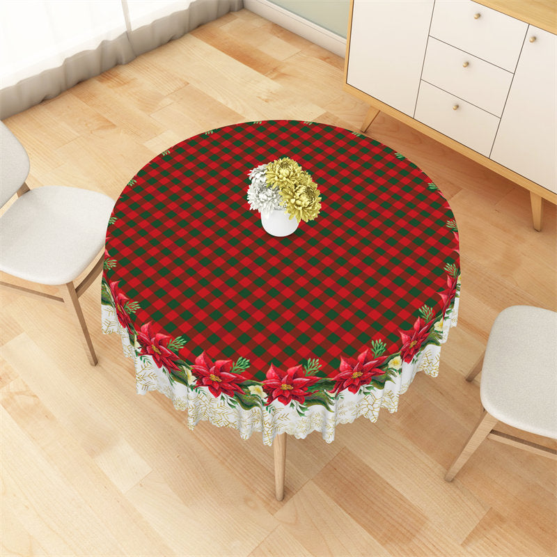 Aperturee - Poinsettia Green Red Plaid Christmas Tablecloth