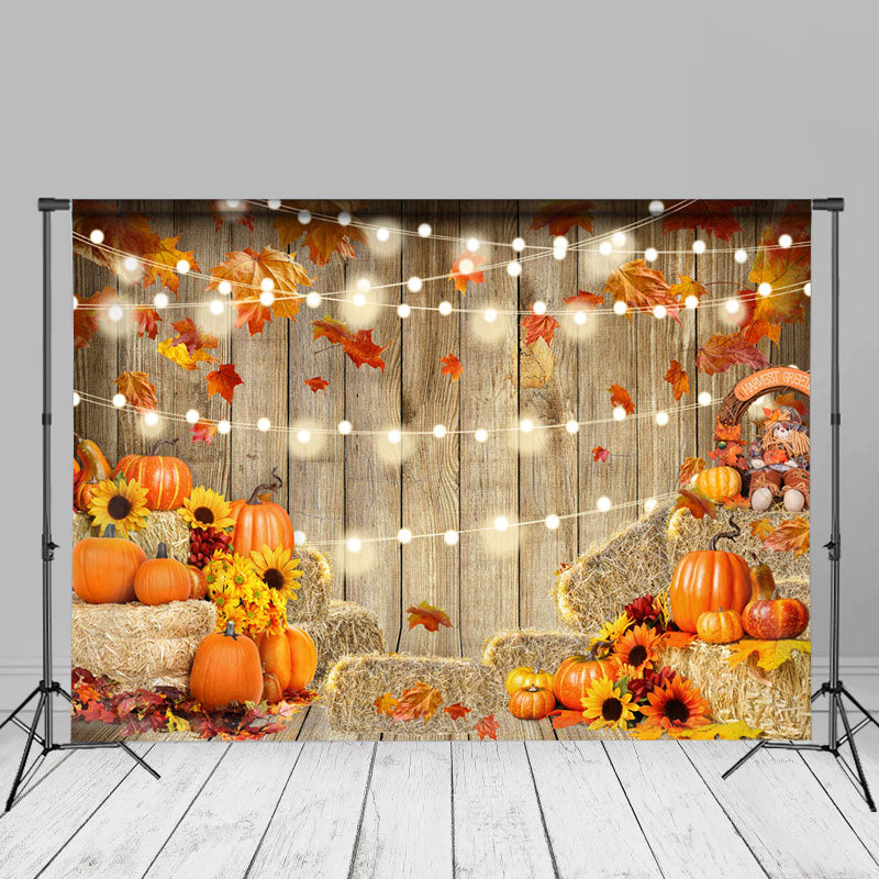 Aperturee - Pumpkin Haystacks Wood Wall Bulbs Autumn Backdrop
