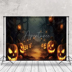 Aperturee - Pumpkin Lantern Scary Road Foggy Halloween Backdrop