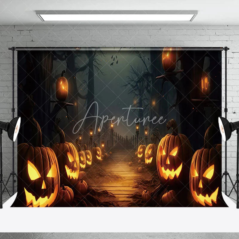 Aperturee - Pumpkin Lantern Scary Road Foggy Halloween Backdrop