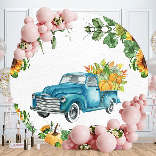 Aperturee - Pumpkins And Blue Truck Round Birthday Party Backdrop