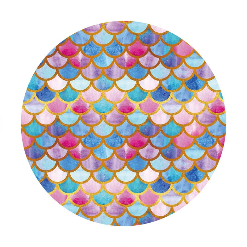 Aperturee - Purple And Blue Round Mermaid Birthday Party Backdrop