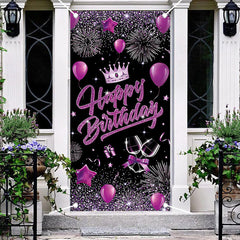 Aperturee - Purple Balloons Crown Black Birthday Door Cover