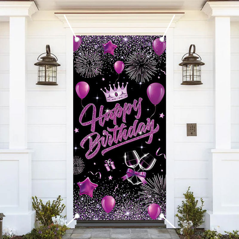 Aperturee - Purple Balloons Crown Black Birthday Door Cover