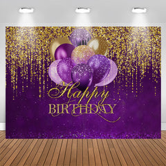 Aperturee - Purple Balloons Gold Glitter Happy Birthday Backdrop