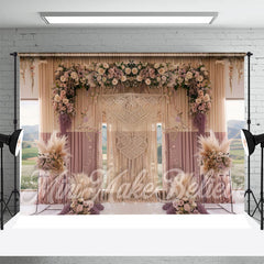 Aperturee - Purple Beige Curtain Floral Boho Photoshoot Backdrop