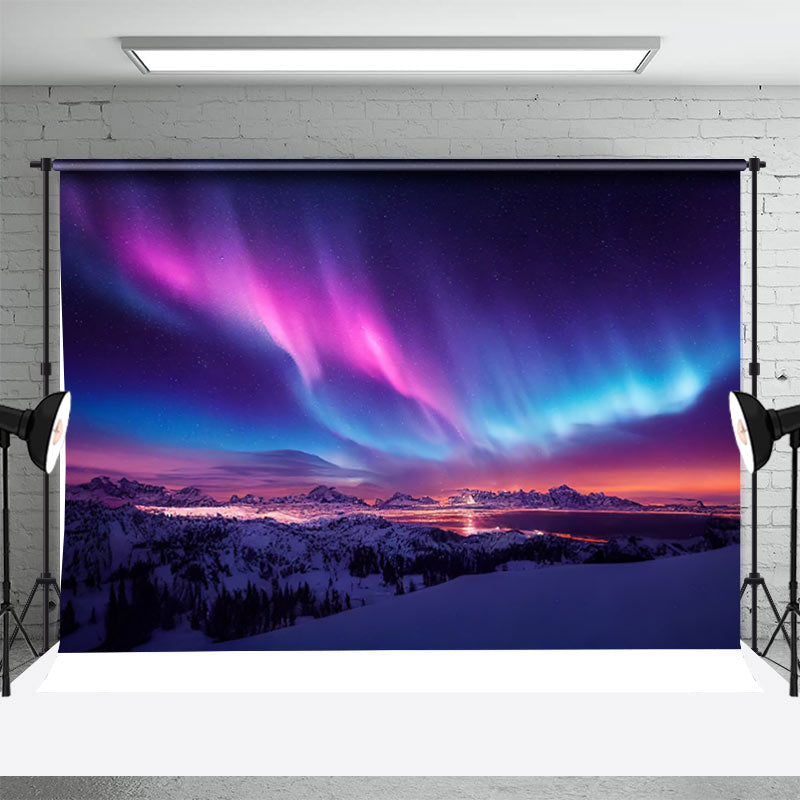 Aperturee - Purple Blue Aurora Snowy Mountain Winter Backdrop