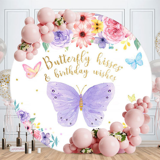Aperturee - Purple Butterfly And Floral Round Birthday Backdrop