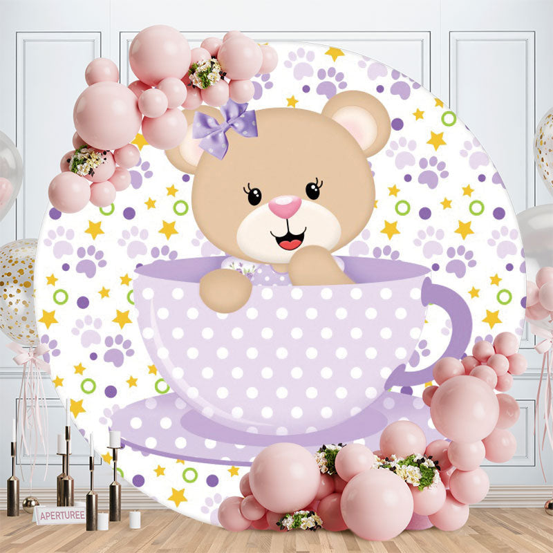 Aperturee - Purple Cup Teddy Bear Round Baby Shower Backdrop