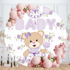 Aperturee - Purple Floral And Bear Round Baby Shower Backdrop