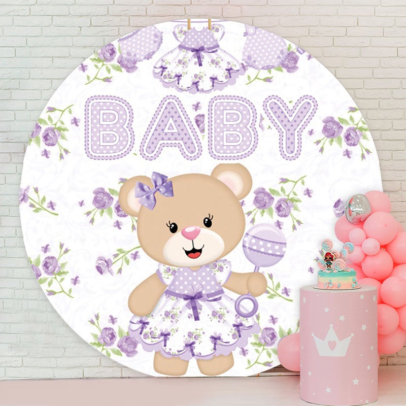 Aperturee - Purple Floral And Bear Round Baby Shower Backdrop