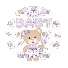 Aperturee - Purple Floral And Bear Round Baby Shower Backdrop