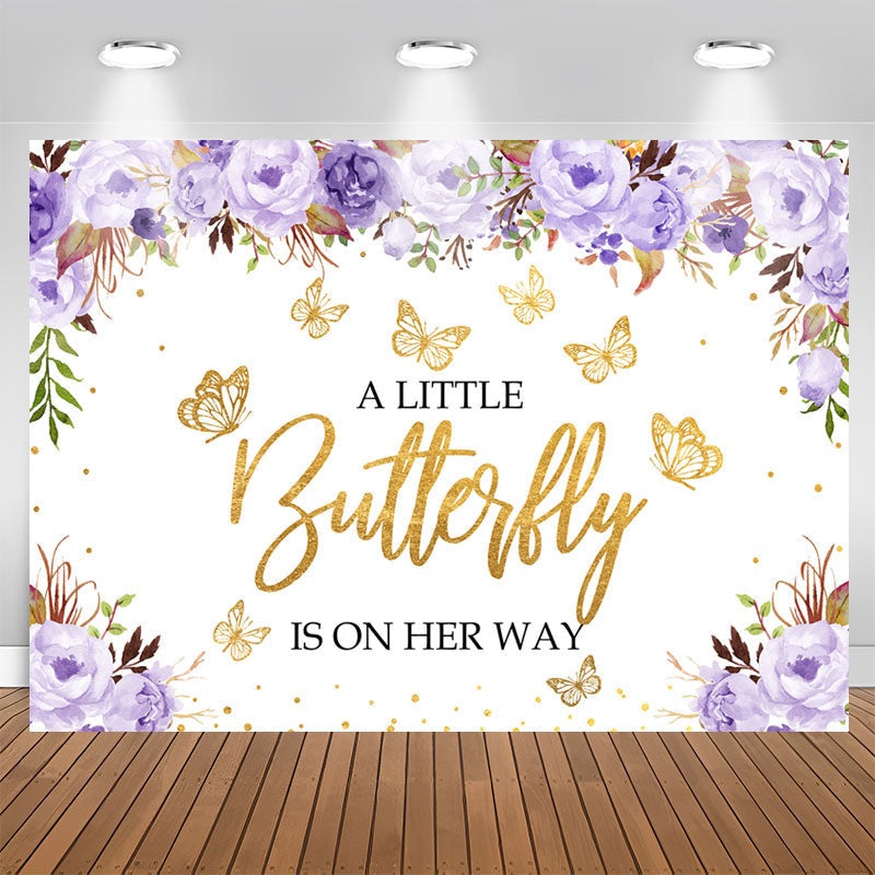 Aperturee - Purple Floral and Golden Butterfly Baby Shower Backdrop
