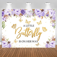 Aperturee - Purple Floral and Golden Butterfly Baby Shower Backdrop
