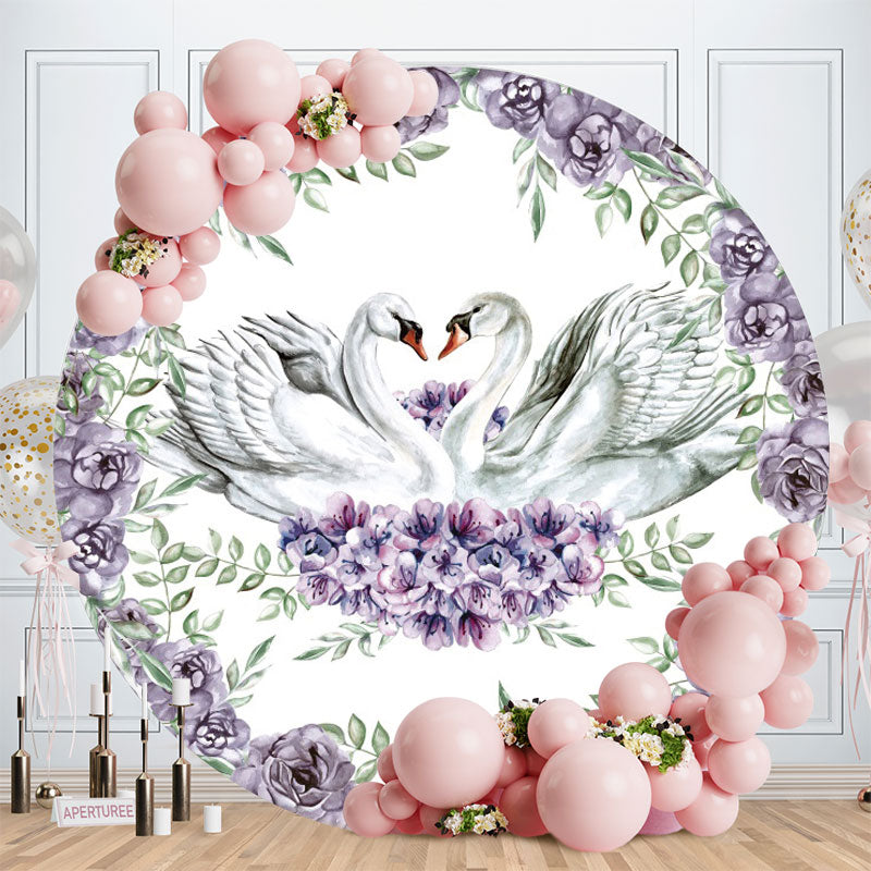 Aperturee - Purple Floral And Swan Round Baby Shower Backdrop