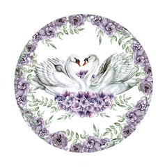 Aperturee - Purple Floral And Swan Round Baby Shower Backdrop
