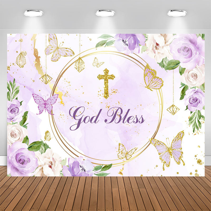 Aperturee - Purple Floral Glitter God Bless Baby Shower Backdrop