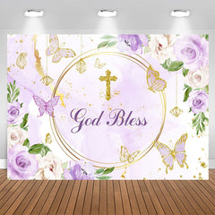 Aperturee - Purple Floral Glitter God Bless Baby Shower Backdrop