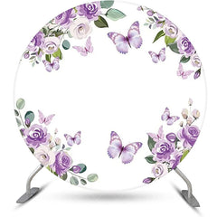 Aperturee - Purple Floral Leaf Butterfly Round Birthday Backdrop