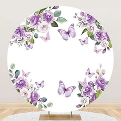 Aperturee - Purple Floral Leaf Butterfly Round Birthday Backdrop