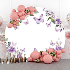 Aperturee - Purple Floral Leaf Butterfly Round Birthday Backdrop