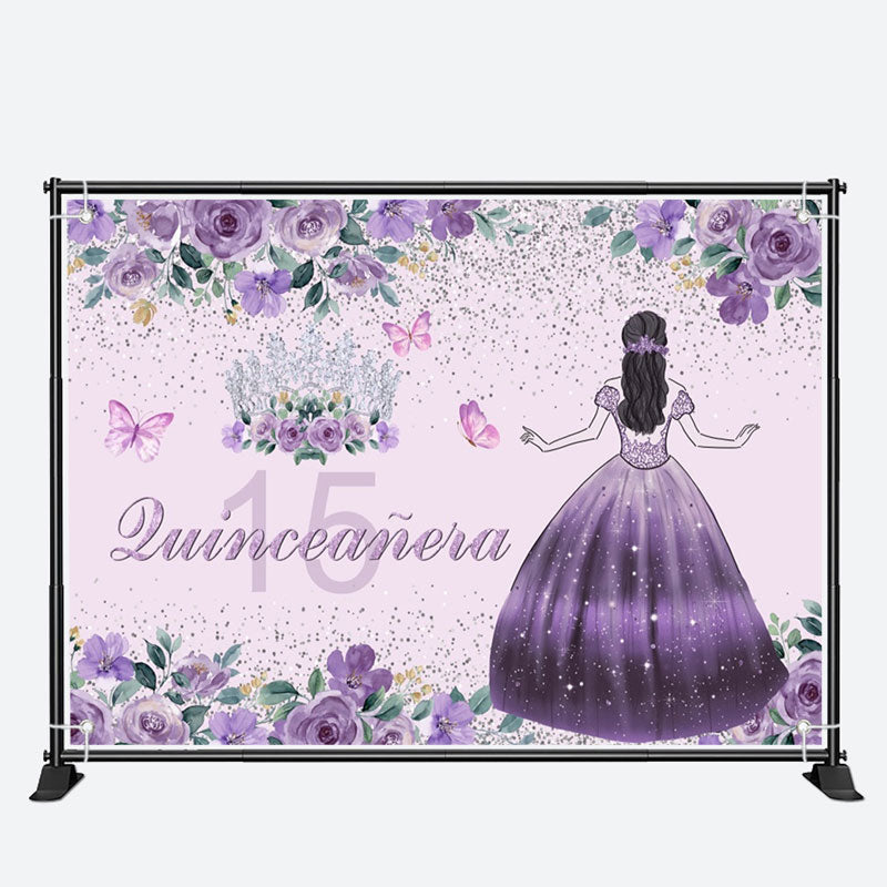 Aperturee - Purple Floral Quinceanera 15th Birthday Backdrop