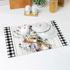 Aperturee - Purple Floral Wood Plaid Dining Set Of 4 Placemats