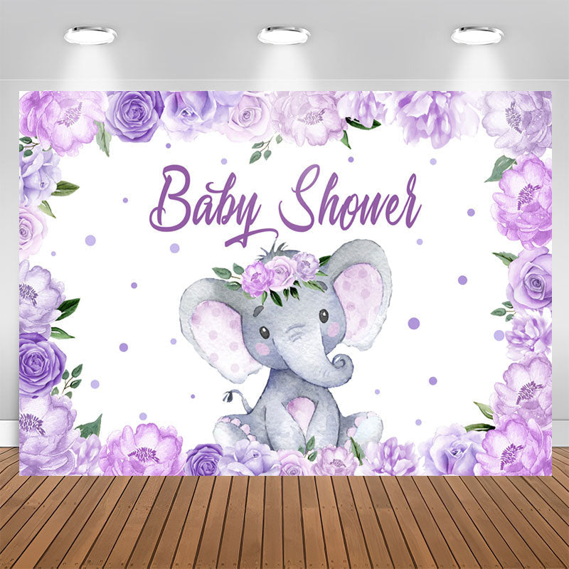 Aperturee - Purple Flowers Lovely Elephant Baby Shower Backdrp