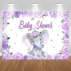 Aperturee - Purple Flowers Lovely Elephant Baby Shower Backdrp