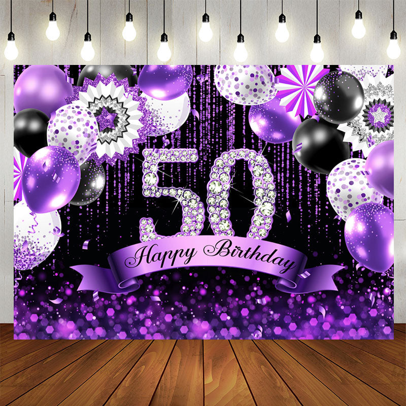 Aperturee - Purple Glitter Balloons Black 50th Birthday Backdrop