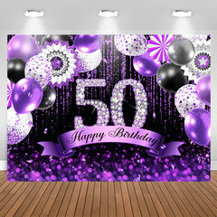 Aperturee - Purple Glitter Balloons Black 50th Birthday Backdrop