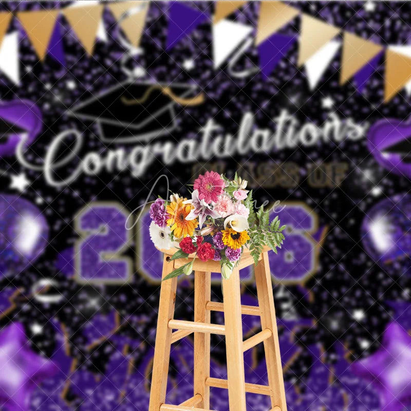 Aperturee - Purple Glitter Balloons Congrats 2026 Grad Backdrop