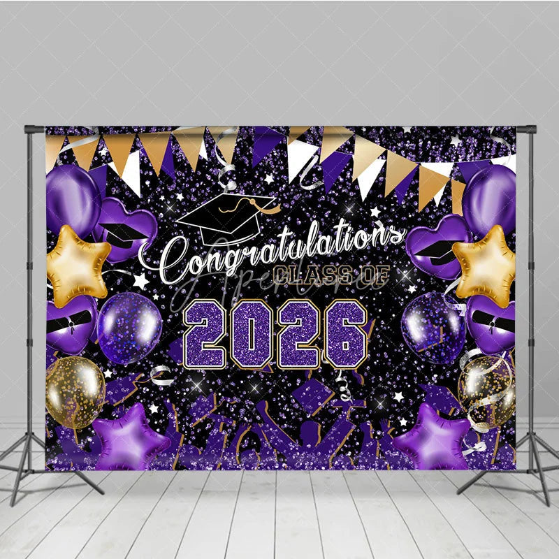 Aperturee - Purple Glitter Balloons Congrats 2026 Grad Backdrop