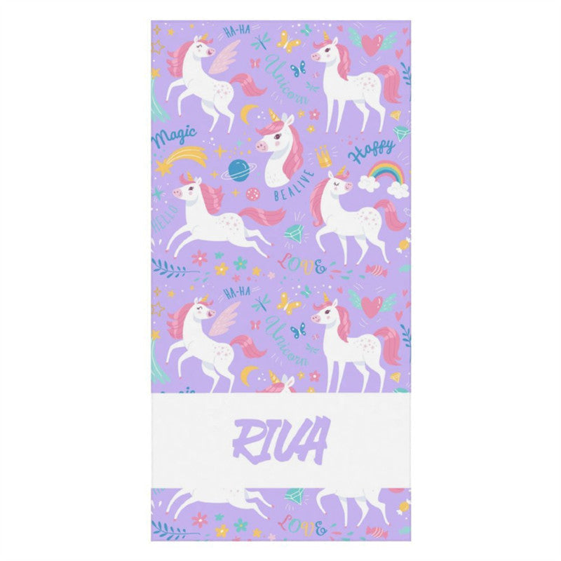 Aperturee - Purple Happy Unicorn Flowers Custom Beach Towel