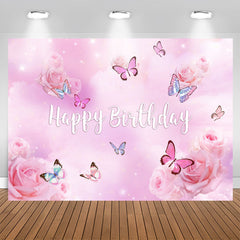 Aperturee - Purple Pink Butterfly Floral Happy Birthday Backdrop