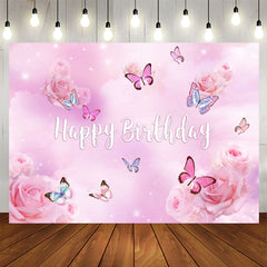 Aperturee - Purple Pink Butterfly Floral Happy Birthday Backdrop