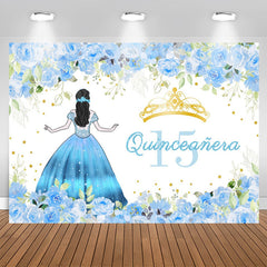 Aperturee - Quinceanera Girl Blue Floral 15th Birthday Backdrop