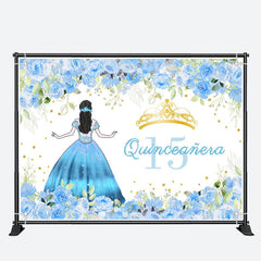 Aperturee - Quinceanera Girl Blue Floral 15th Birthday Backdrop
