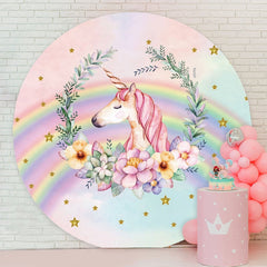 Aperturee - Rainbow And Pink Floral Unicorn Round Birthday Backdrop