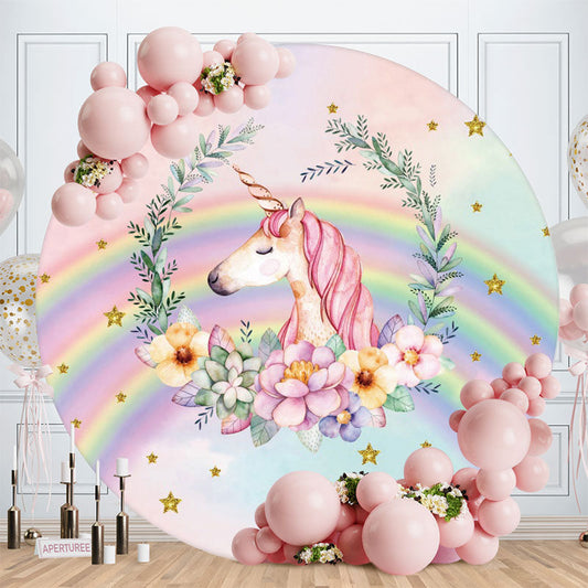 Aperturee - Rainbow And Pink Floral Unicorn Round Birthday Backdrop