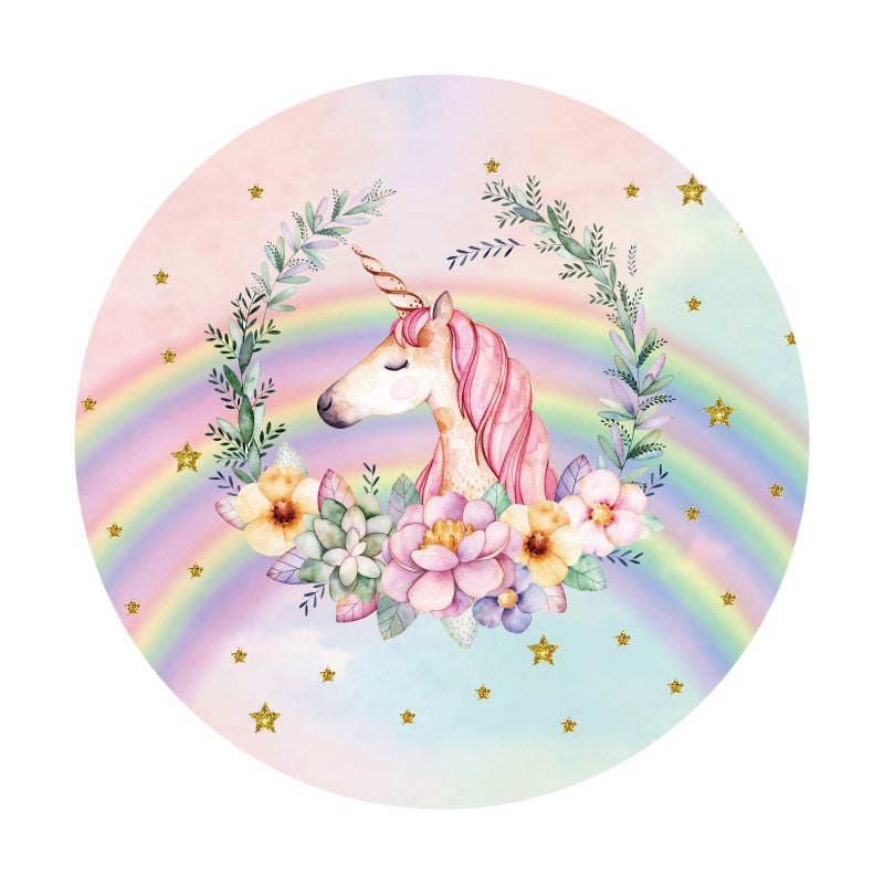 Aperturee - Rainbow And Pink Floral Unicorn Round Birthday Backdrop