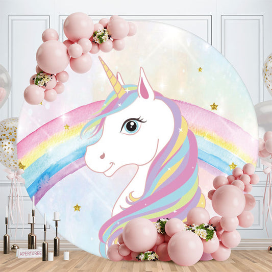 Aperturee - Rainbow And Unicorn Pink Round Girls Birthday Backdrop