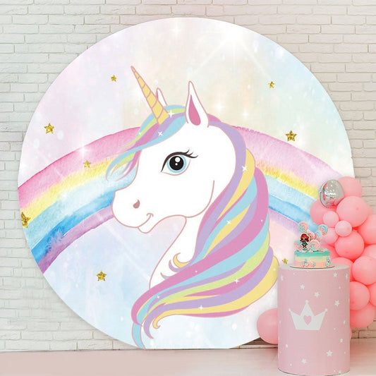 Aperturee - Rainbow And Unicorn Pink Round Girls Birthday Backdrop