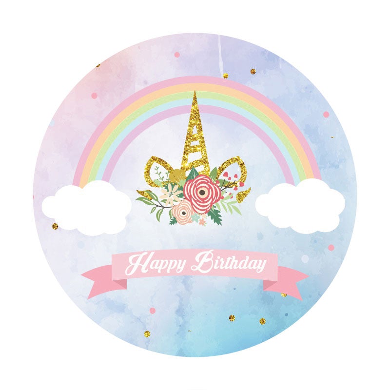 Aperturee - Rainbow Happy Birthday Unicorn Glitter Round Backdrops for Girl