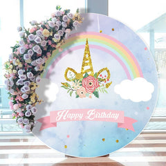 Aperturee - Rainbow Happy Birthday Unicorn Glitter Round Backdrops for Girl