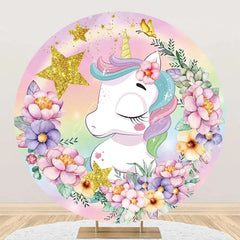Aperturee - Rainbow Stars Floral Unicorn Round Birthday Backdrop
