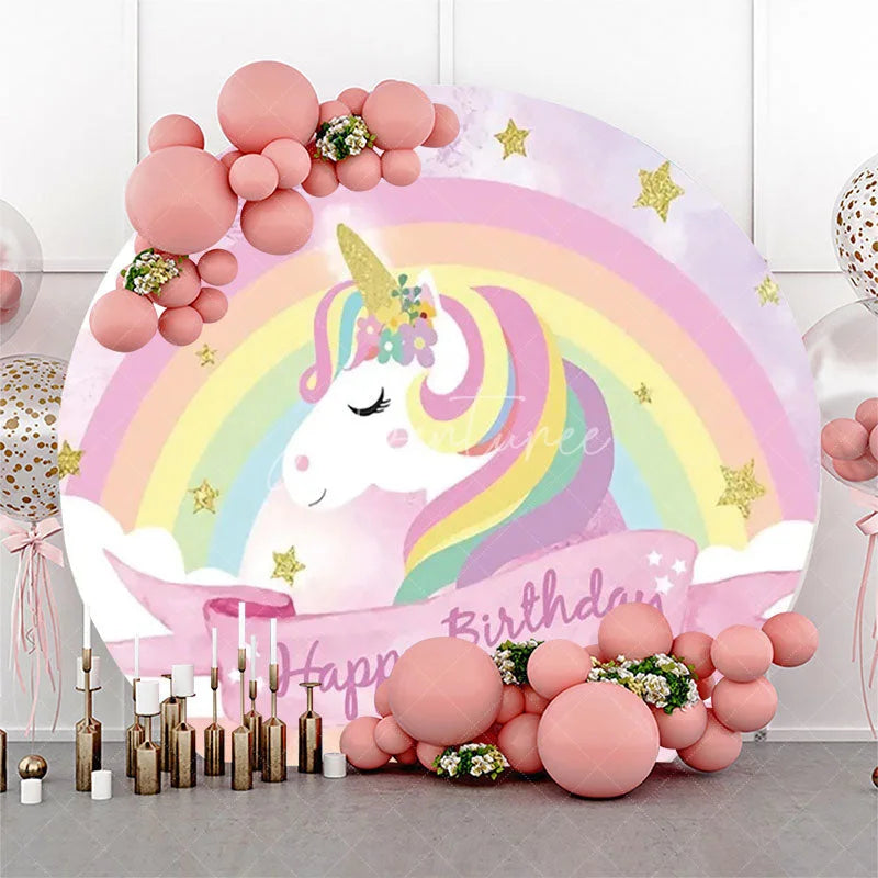 Aperturee - Rainbow Unicorn Gold Star Round Birthday Backdrop
