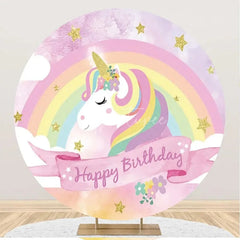 Aperturee - Rainbow Unicorn Gold Star Round Birthday Backdrop