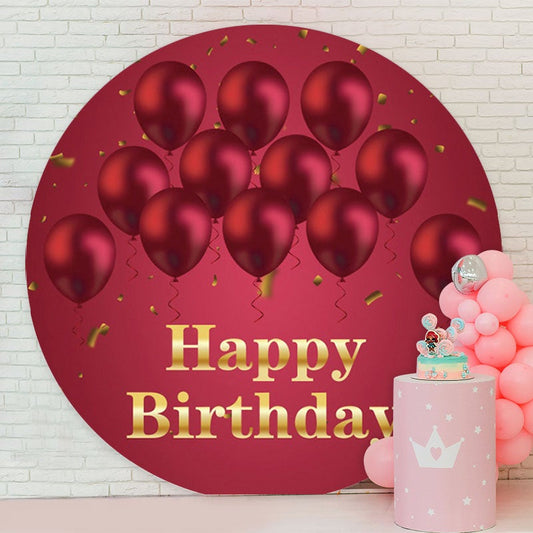 Aperturee - Red Ballons Round Gold Happy Birthday Backdrop