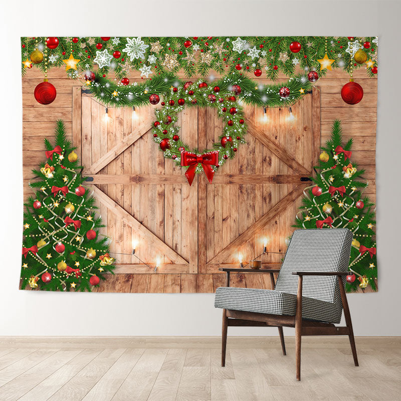 Aperturee - Red Balls Wreath Wood Door Christmas Tree Backdrop
